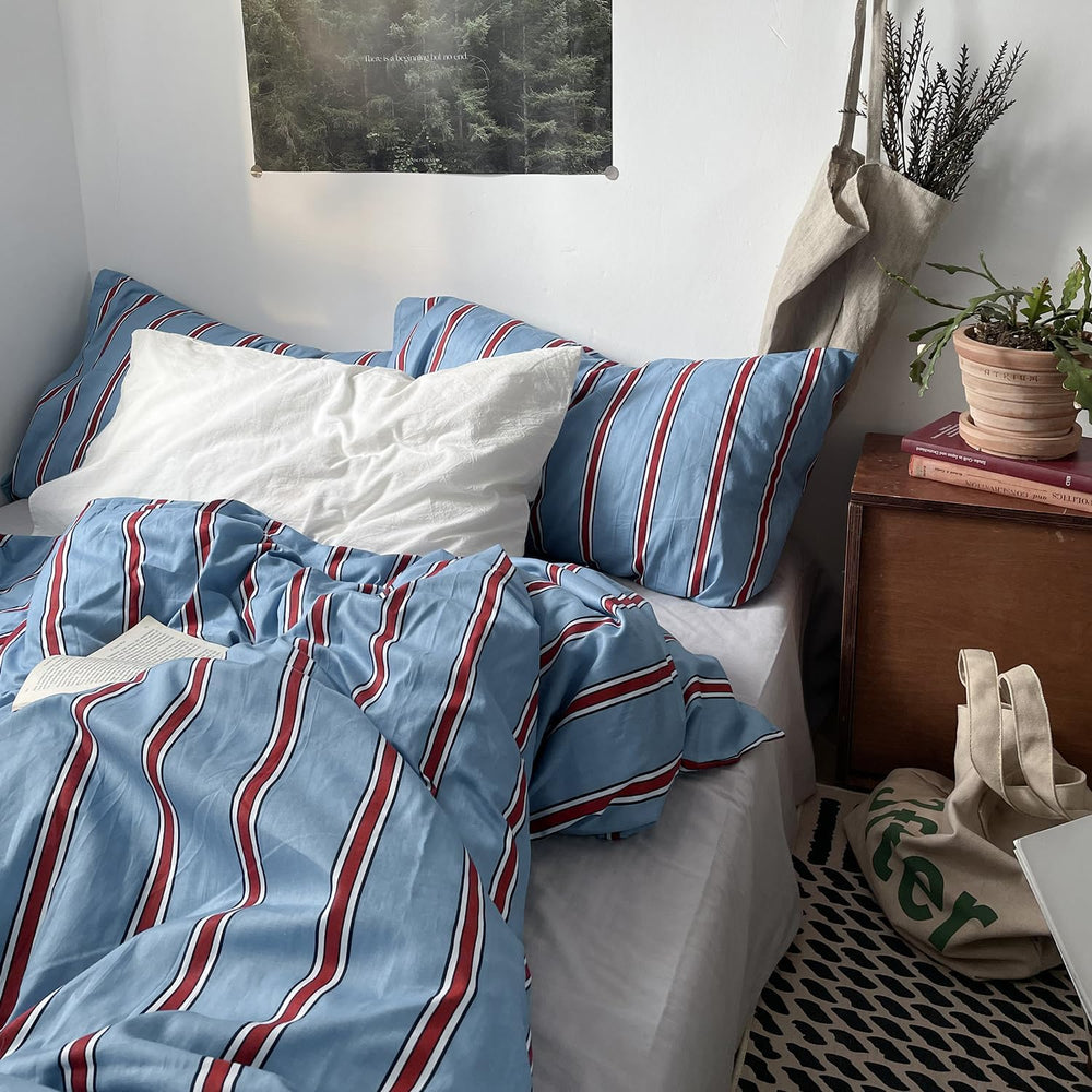 mixinni Vintage Striped Blue Duvet Cover Full - 100% Cotton Red Stripes 3-Pie...