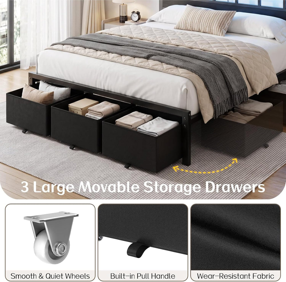 King Size Bed Frame with 3 Storage Drawers & Headboard