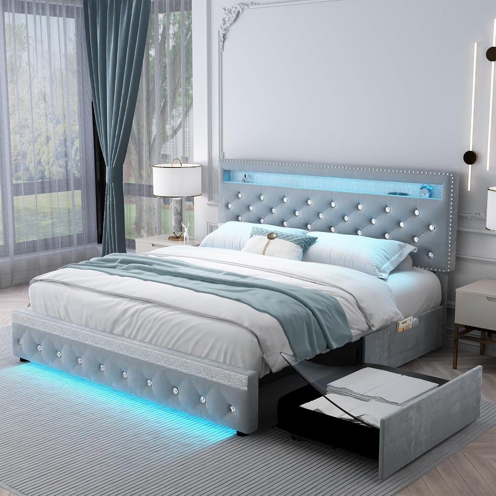 LED Queen Platform Bed Frame with 2 Storage Drawers, Grey