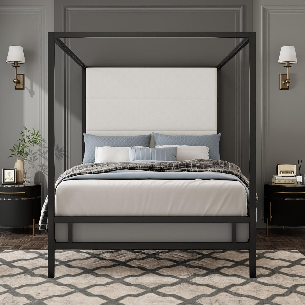Merax Queen Size Metal Canopy Bed Frame, Modern Tall Upholstered Velvet Headb...