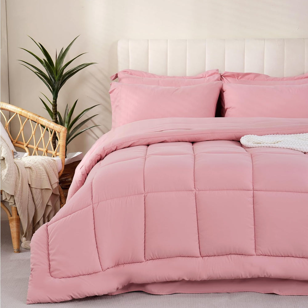 DOWNCOOL Full Size Comforter Sets, 7Pcs Full Size Bedding Sets Pink, All Seas...