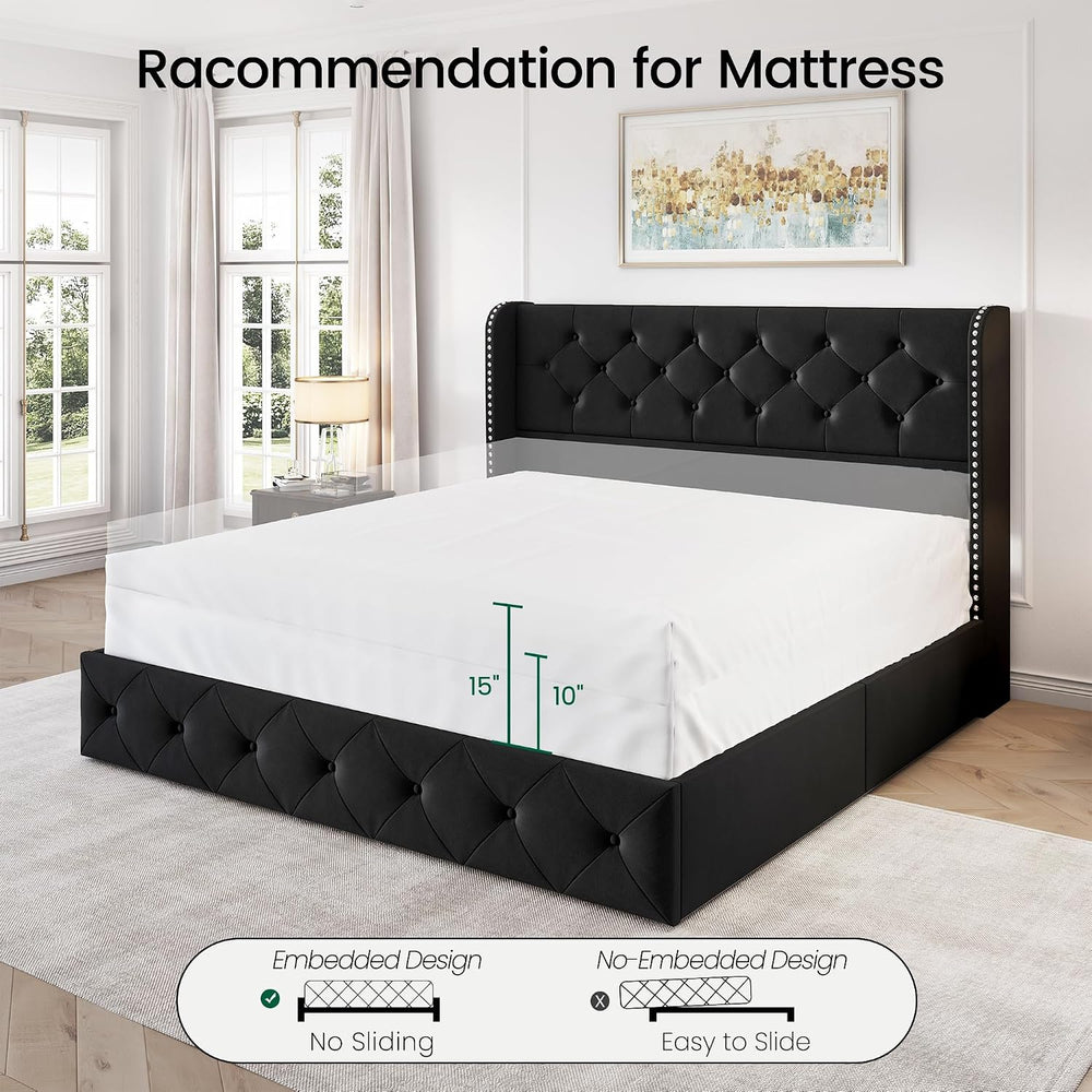 LARMACE Queen Size Bed Frame with 4 Storage Drawers and 47.2" Tall Wingb...