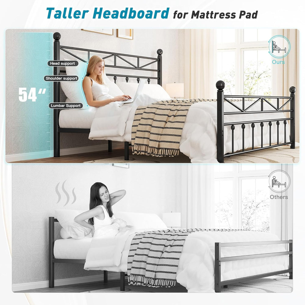 EnHomee Victorian Metal Queen Size Bed Frame,Black, 54-Inch Tall Headboard