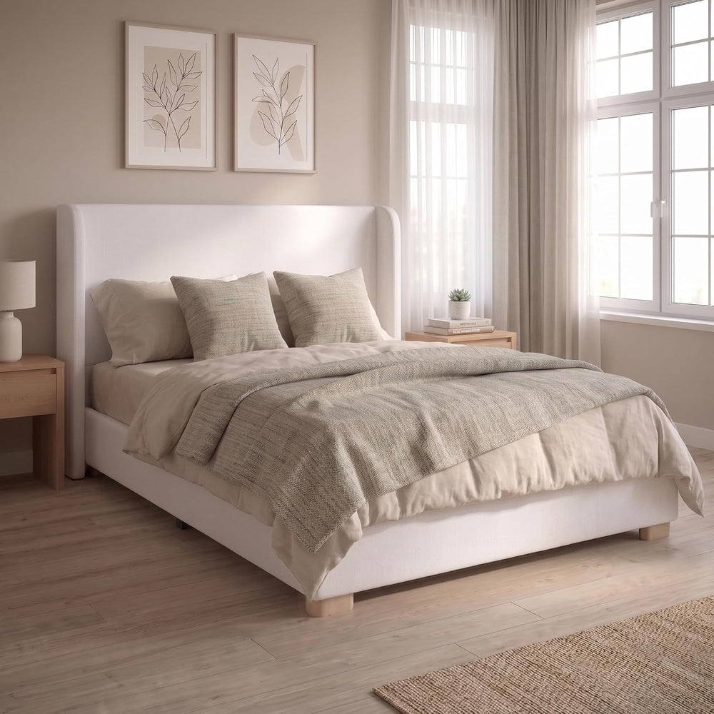Queen Size Upholstered Platform Bed Frame with Wingback Headboard