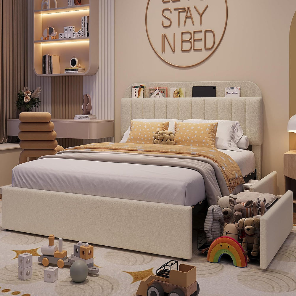 Garvee Full Size Bed Frame with Headboard & Drawers, Upholstered Bed Frame