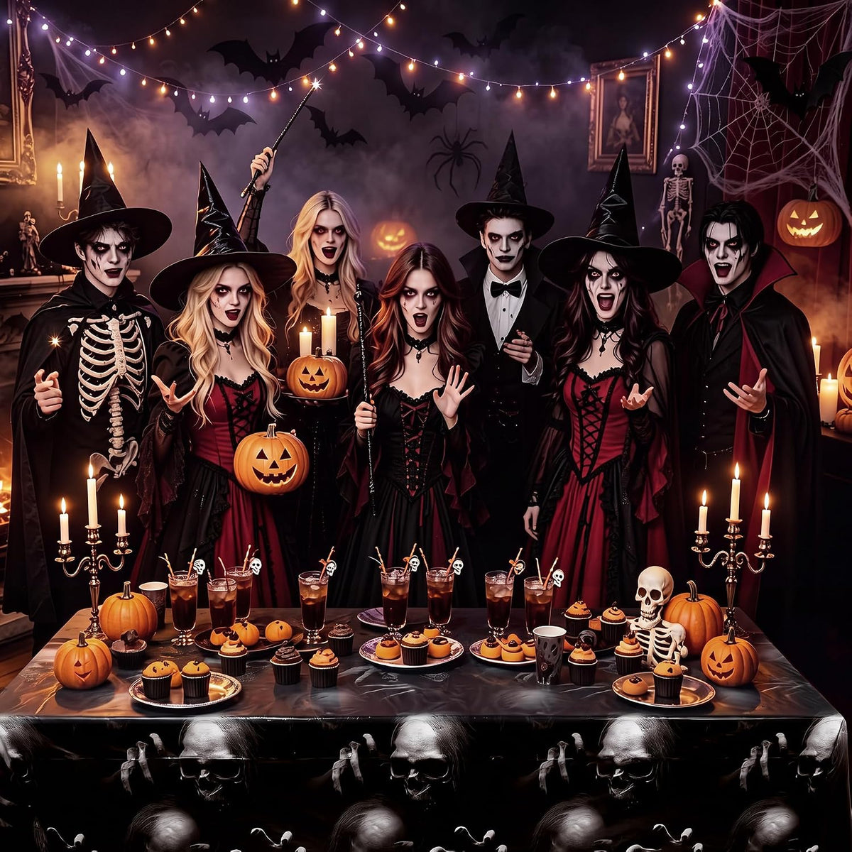 Kochorie 100 Ft x 54 Inch Halloween Graveyard Skeleton Tablecloth Roll with Cutter Box Waterproof Plastic Horror Theme Skeleton Ghouls Photography Backdrop for Halloween Spooky Party Decor