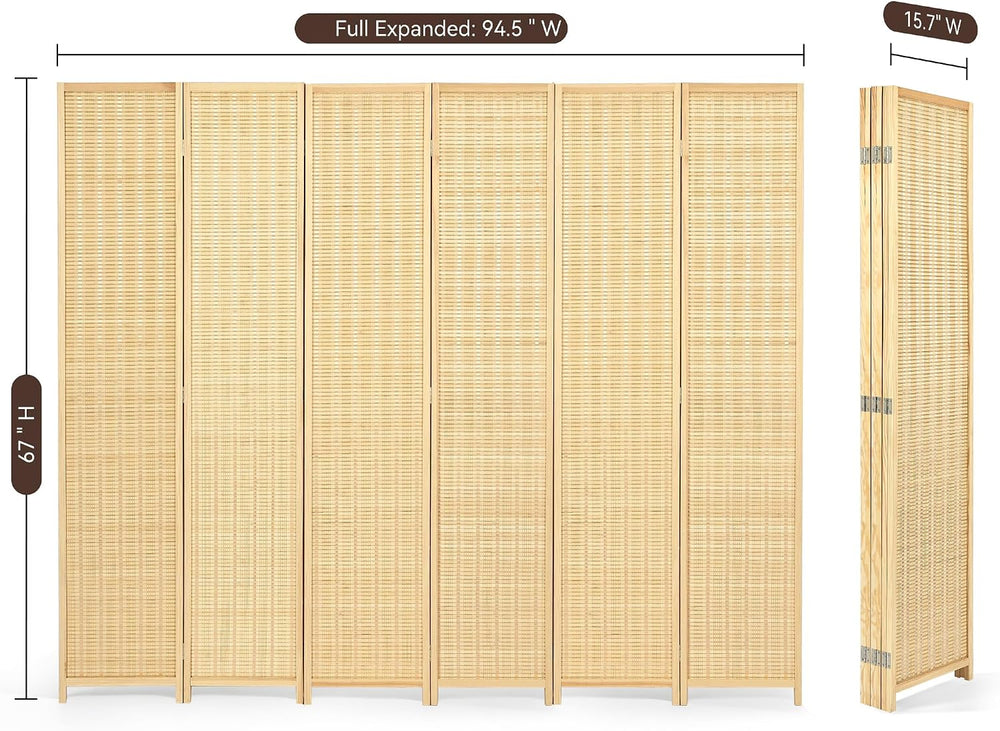 6 Panel Bamboo Room Divider, Folding Privacy Screen, Natural