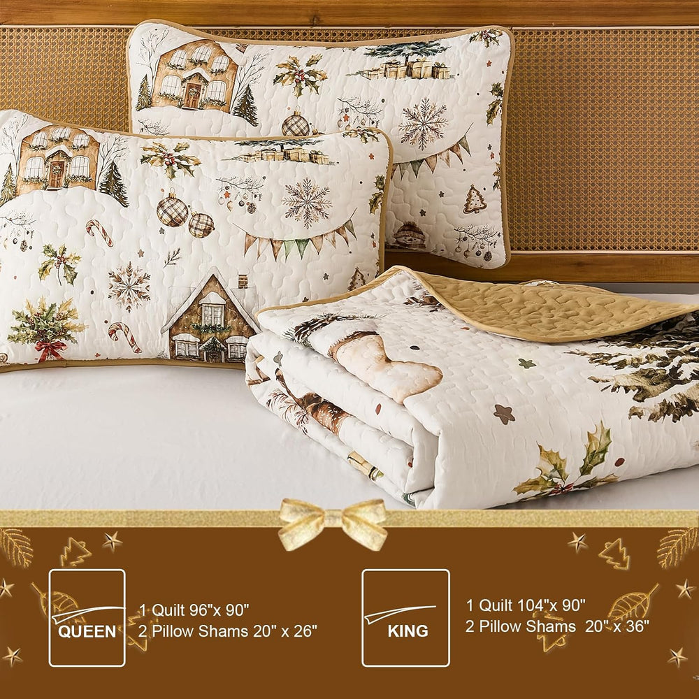 Djoymock Christmas Quilt Set Queen, Reversible Holiday Bedspread