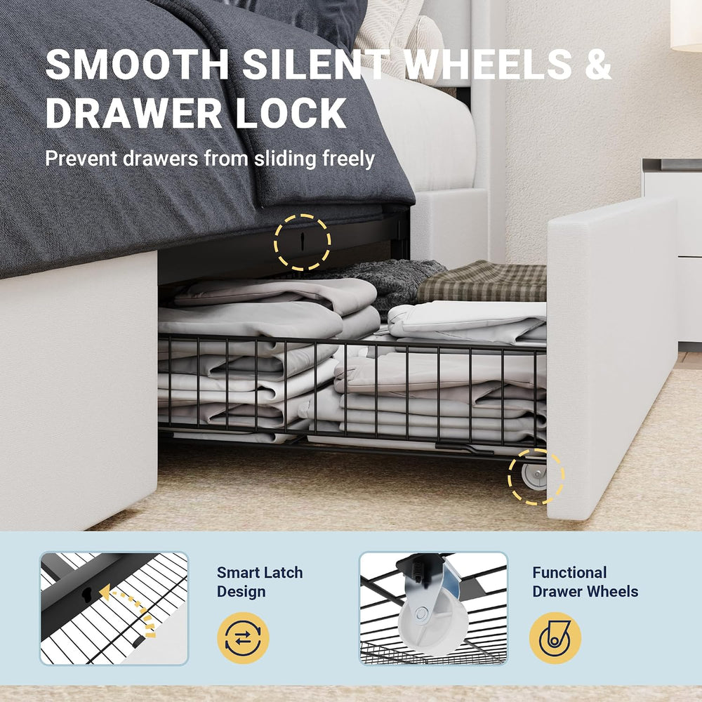 Allewie King Size Velvet Bed Frame with Storage Drawer and USB Ports, White