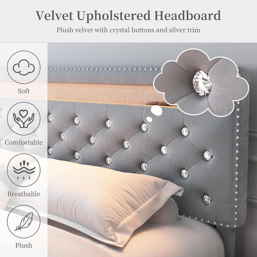 LED Queen Platform Bed Frame with 2 Storage Drawers, Grey