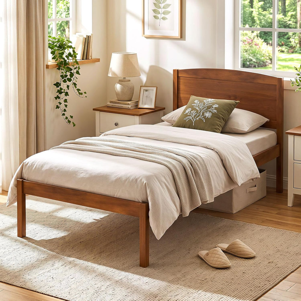 KOMFOTT Twin Size Bed Frame, Wooden Platform Bed with Curved Headboard