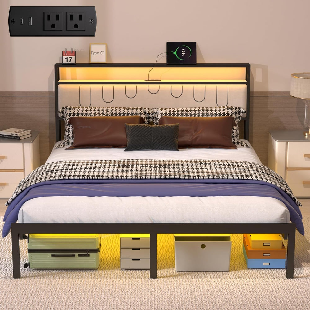 J.Fkne Full Bed Frames with Charging Station and LED Lights, Full Size Platfo...