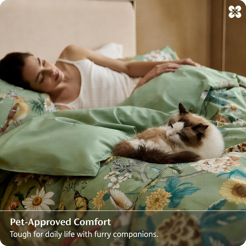 Bedsure PureWoven 100% Cotton Floral Duvet Cover Set, Queen, Green Garden
