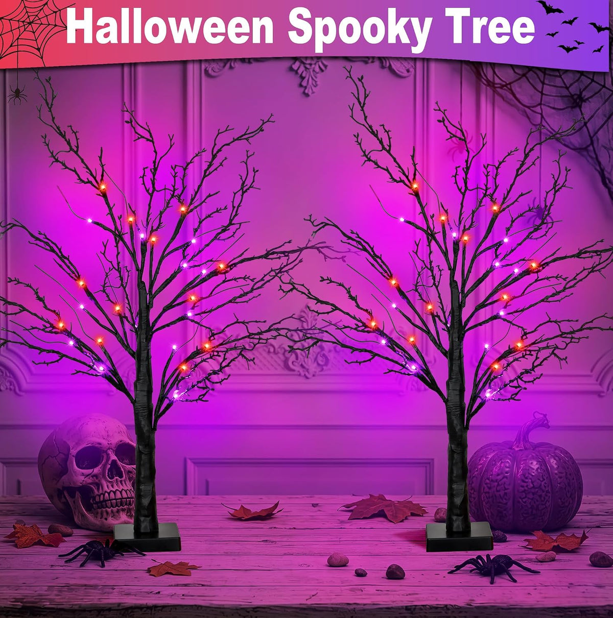 2 Pack 24 Inch Spooky Black Halloween Tree Decorations for Indoor Home Table, Halloween Lighted Tabletop Centerpiece with 24 Orange & Purple LEDs, Timer, USB or Battery Powered