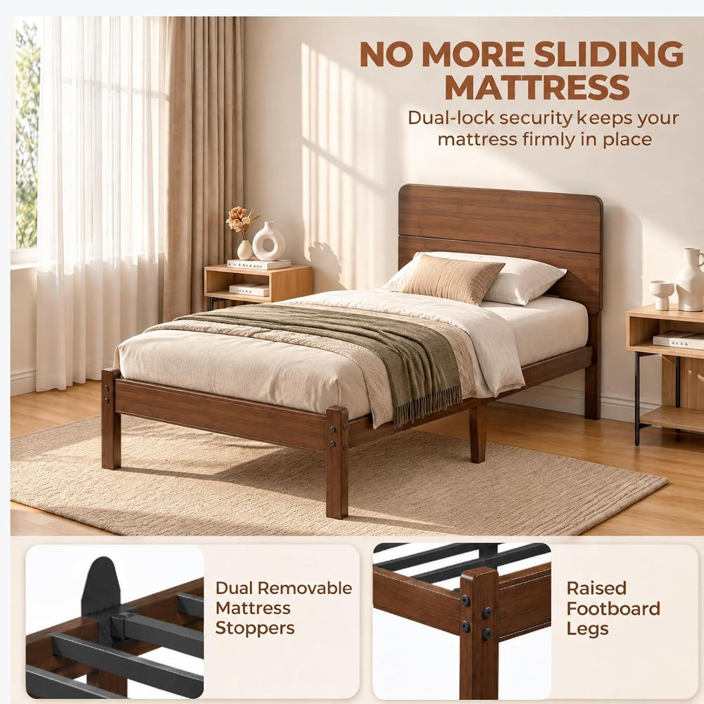 14" Solid Bamboo Wood Twin Platform Bed Frame with Headboard