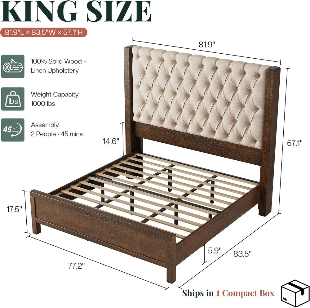 Jocisland Solid Wood King Size Bed Frame 57" Tall Wingback Headboard,Walnut