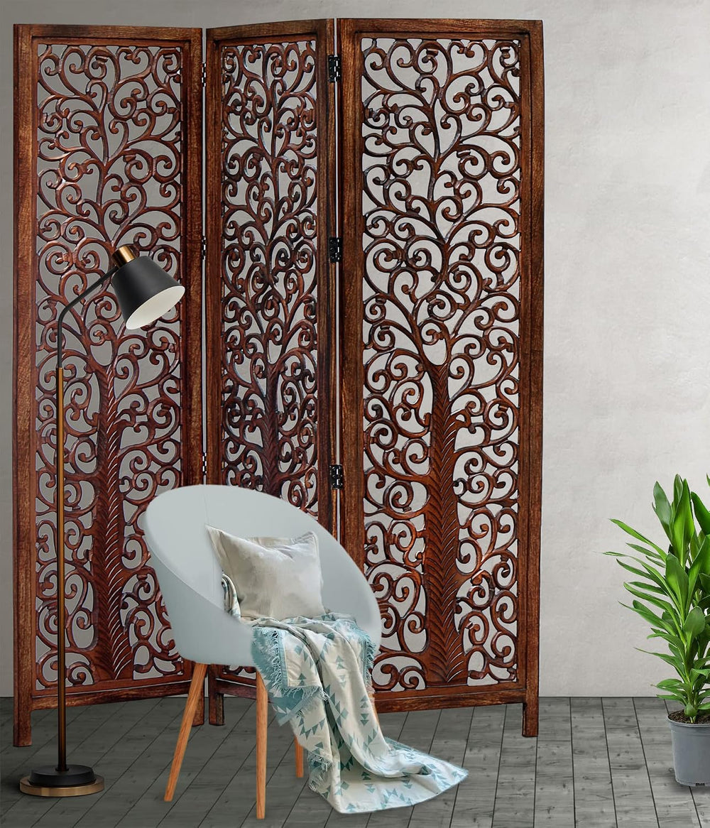 COTTON CRAFT Room Divider Wood Screen - Hand Carved Folding 3 Panels 60x72