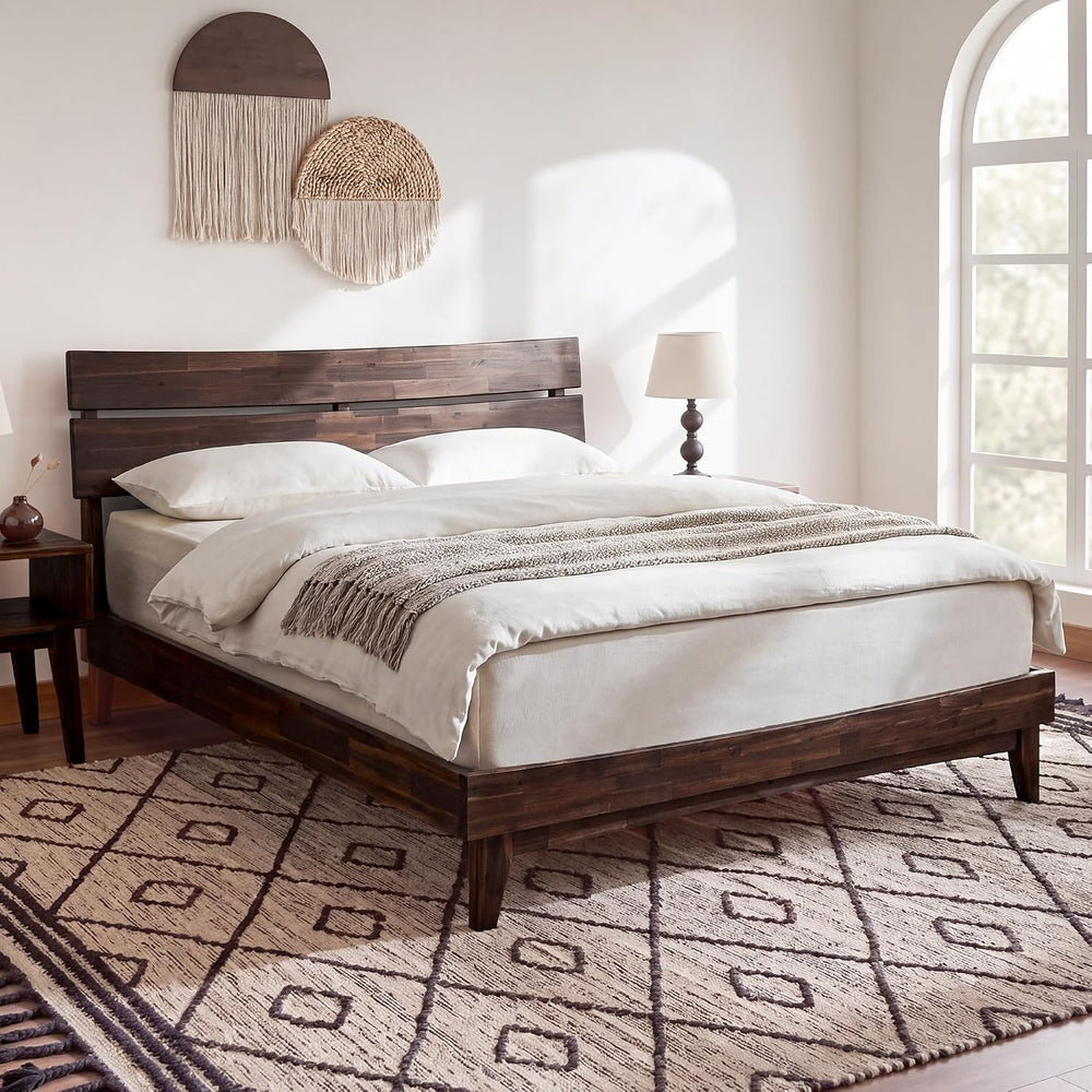 Aurora Acacia Solid Wood Queen Platform Bed Frame with Headboard, Chocolate
