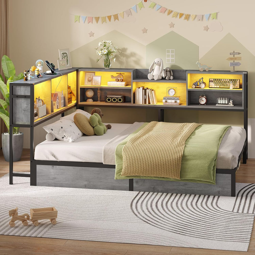 Hasuit Corner Bed Frame Queen with Storage Bookcase and Drawers, Queen Size D...