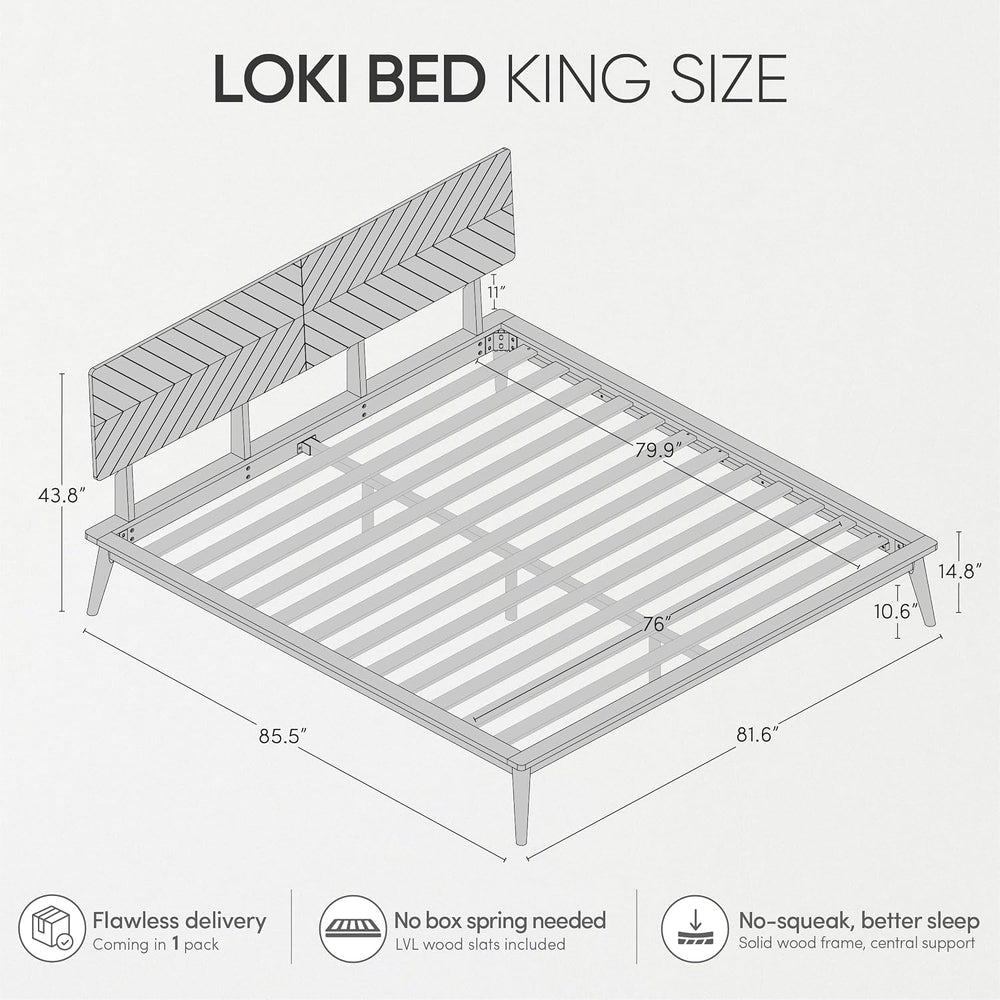 Loki Solid Wood Platform Bed King, Chevron Headboard, Walnut