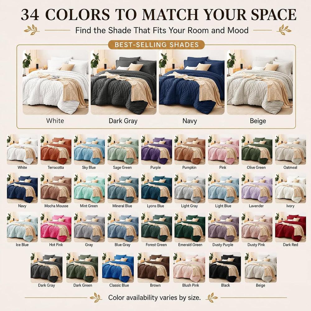 CozyLux Queen Comforter Set, 7 Pieces Light Grey Seersucker Bed in a Bag