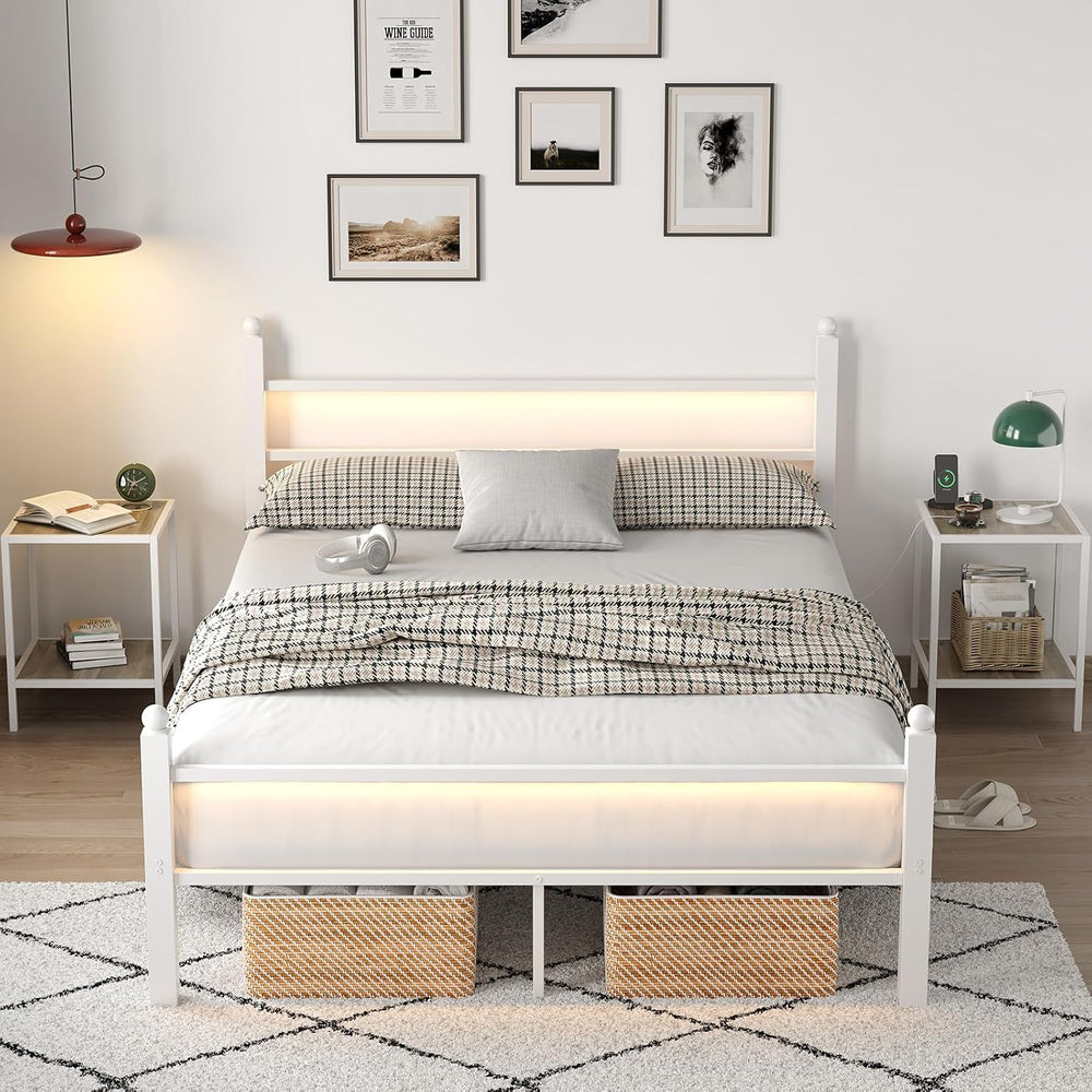 CollaredEagle Full Bed Frame with LED Lights and Charging Station, White