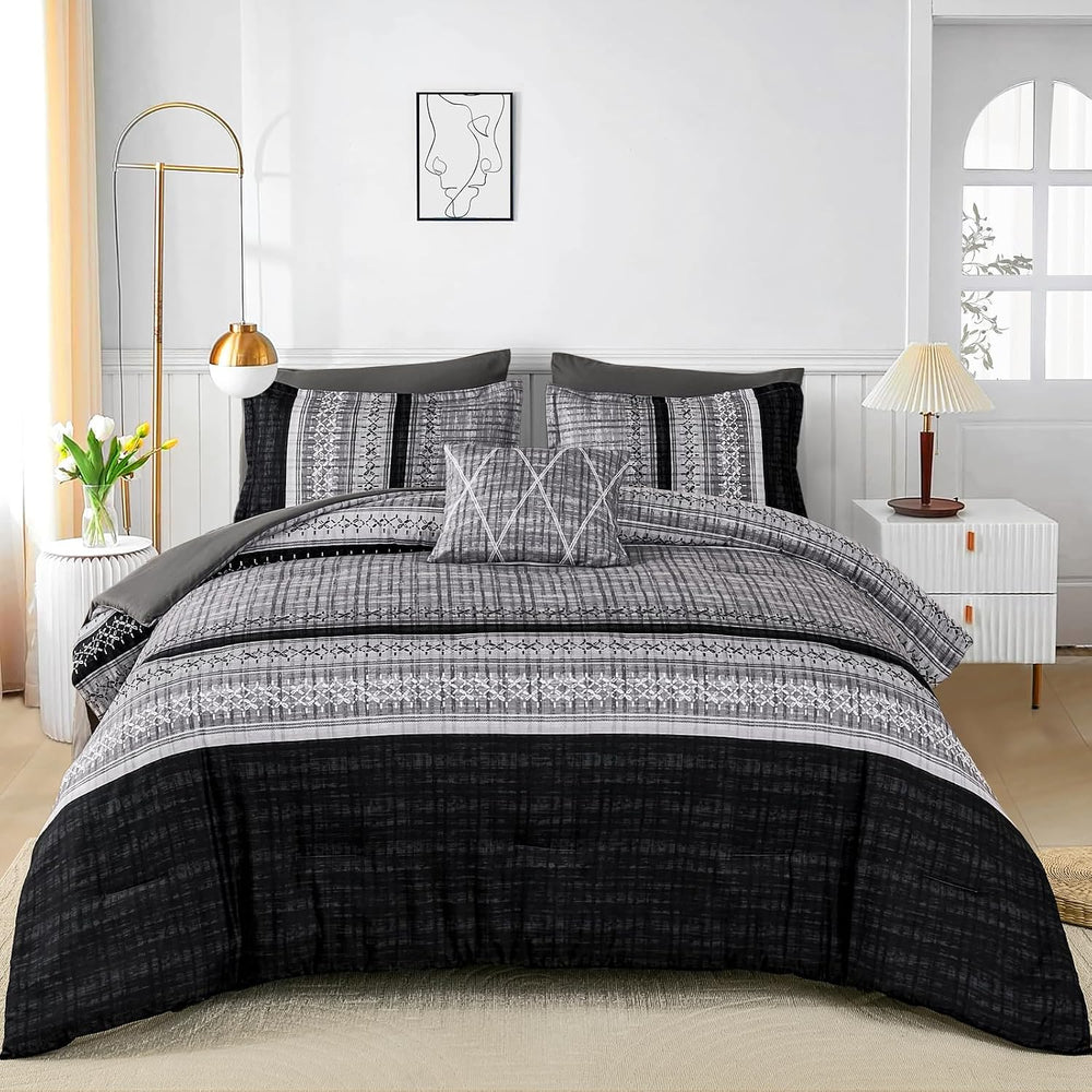 Dintszyayue Black Comforter Set King Size, 8 Pieces Boho Striped Bed in a Bag...