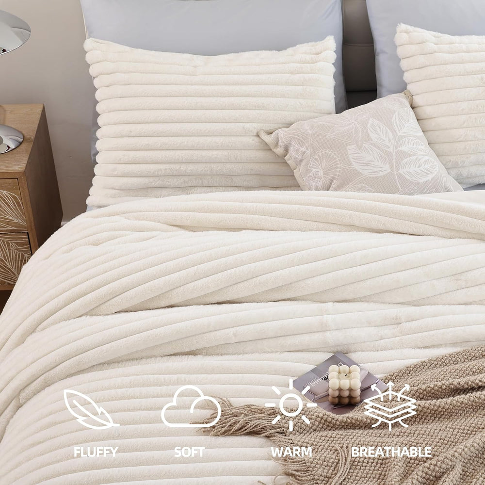 Fluffy Full Size Comforter 3 PCS - Cream White Fleece Bedding Set