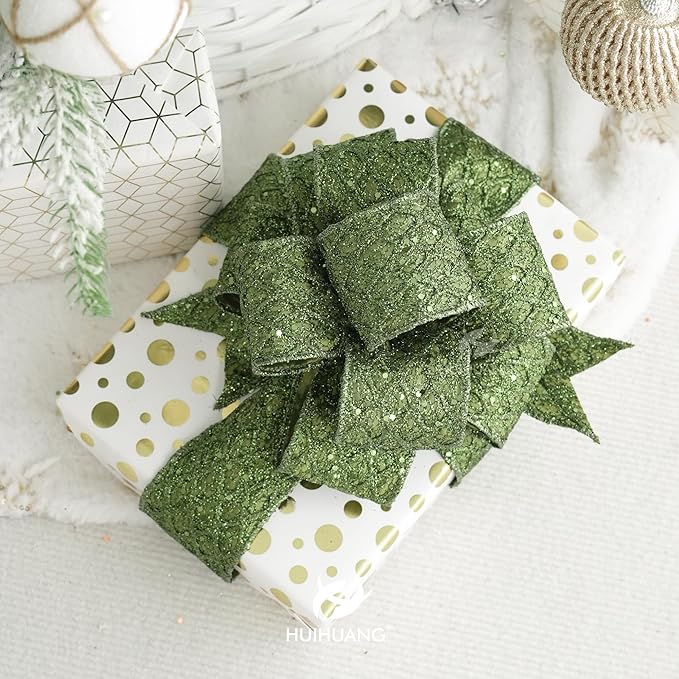 HUIHUANG Moss Green Wired Christmas Ribbon 4 inch Moss Glitter Wired Ribbon - Image 7