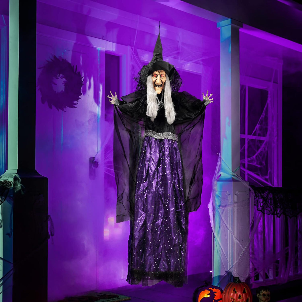 JOYIN 47” Animated Witch Halloween Decorations Outdoor Indoor, Scary Halloween Animatronics Decor, Hanging Ghost Talking Sound Activated Led Lights Eyes Haunted House Yard Garden Lawn