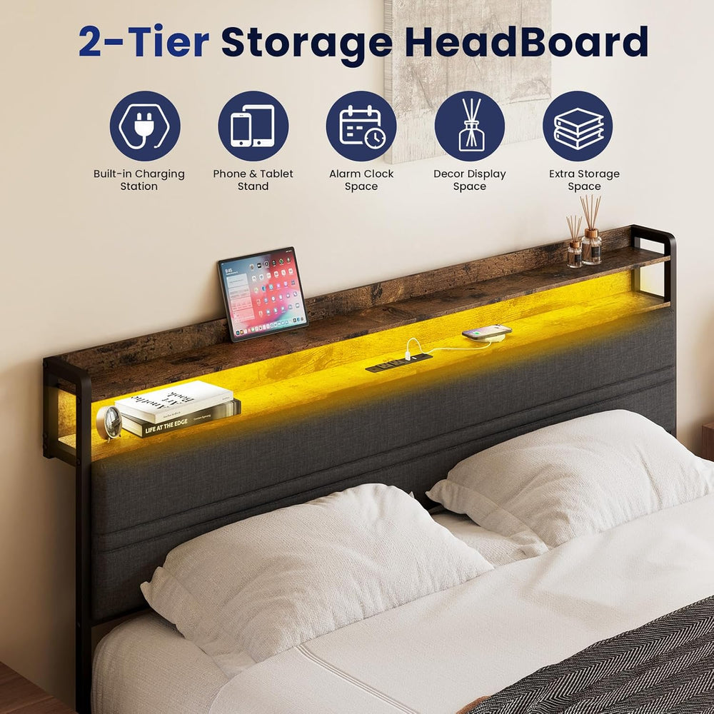 GRUSIGN Full Size Bed Frame with LED Light Storage Headboard and Charging Sta...