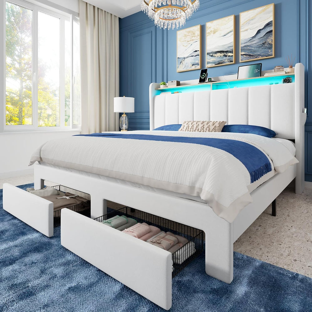 Allewie Full Size Bed Frame with 2-Tier Storage Headboard & 2 Large Drawers
