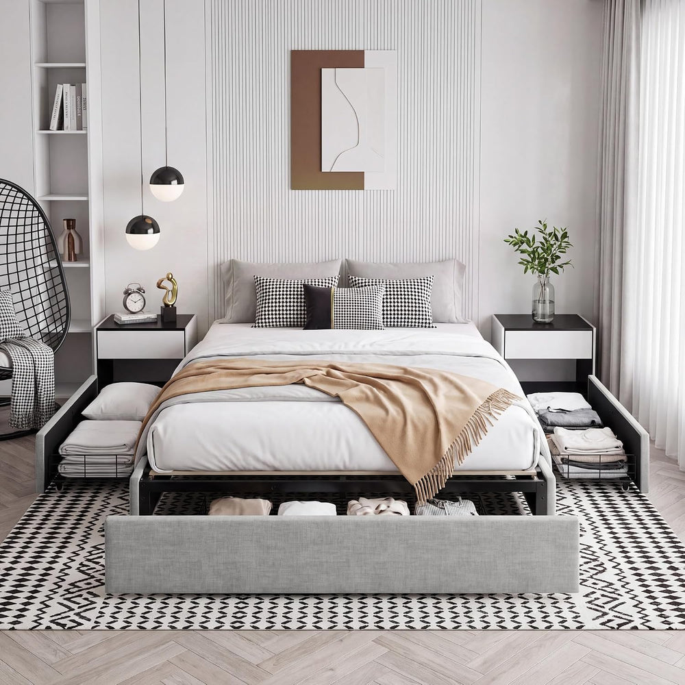 Garvee Queen Size Bed Frame with 3 Underbed Storage Drawers Light Gray