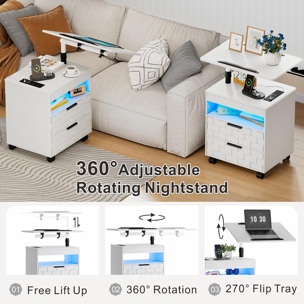 Lareth Rolling Nightstand with Wheels, LED Lights, Charging Station