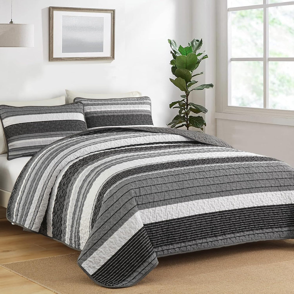 Djoymock Quilt Set Full Size, 3 Pieces Patchwork Striped Bedding Set, Grey