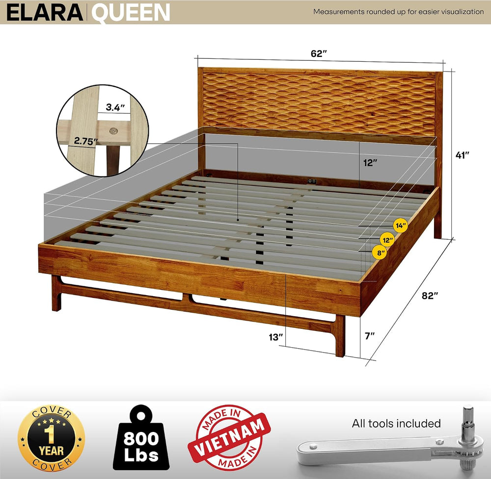 Acacia Elara Wood Bed Frame with CNC-Carved Headboard, Queen Size, Caramel