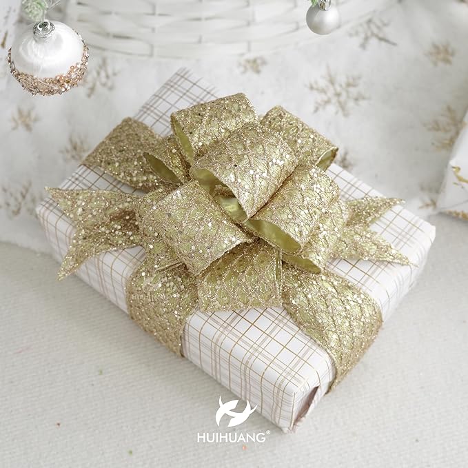 HUIHUANG Champagne Gold Christmas Ribbon 4 inch Glitter Wired Ribbon Diamond - Image 7