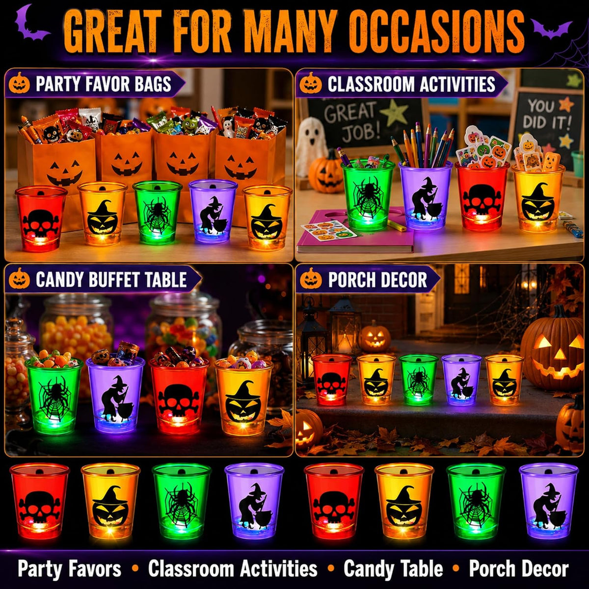 Henoyso 24 Pcs Halloween Shot Glass on Beaded Necklace Skull Plastic Shot Glasses Ghost Cups Assorted Glass Necklaces Bulk for Halloween Party Favors Decorations Supplies (Stylish Style)