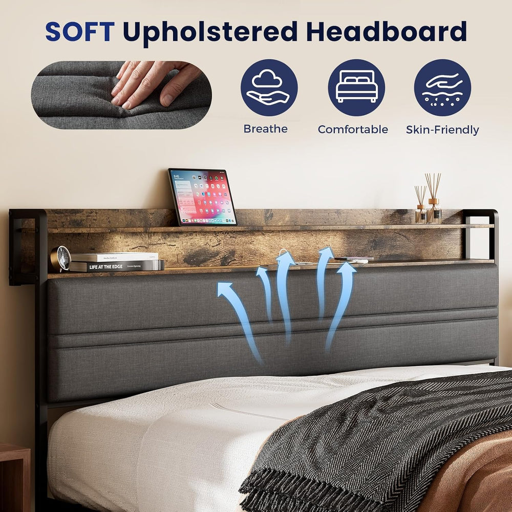 GRUSIGN Full Size Bed Frame with LED Light Storage Headboard and Charging Sta...