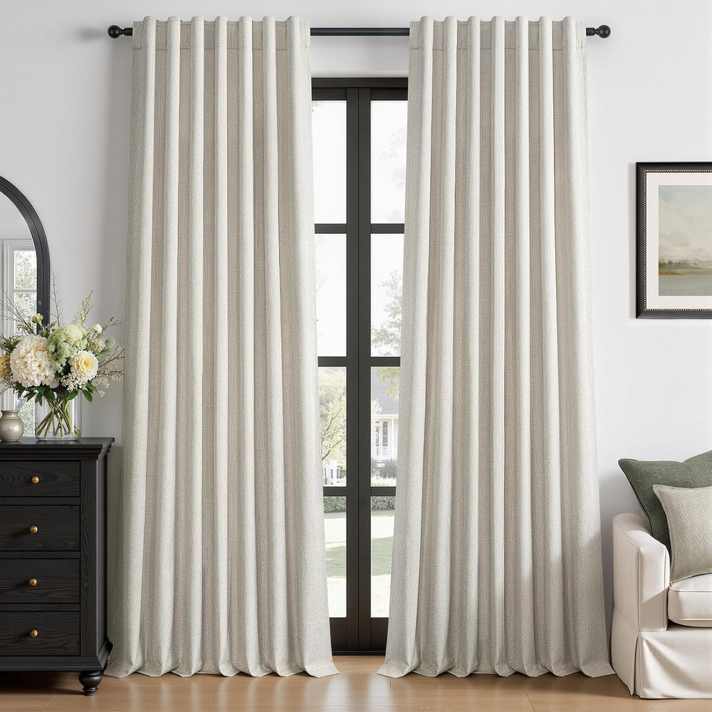 90 Inch Blackout Linen Curtains for Bedroom Natural Beige 52 Inch Wide
