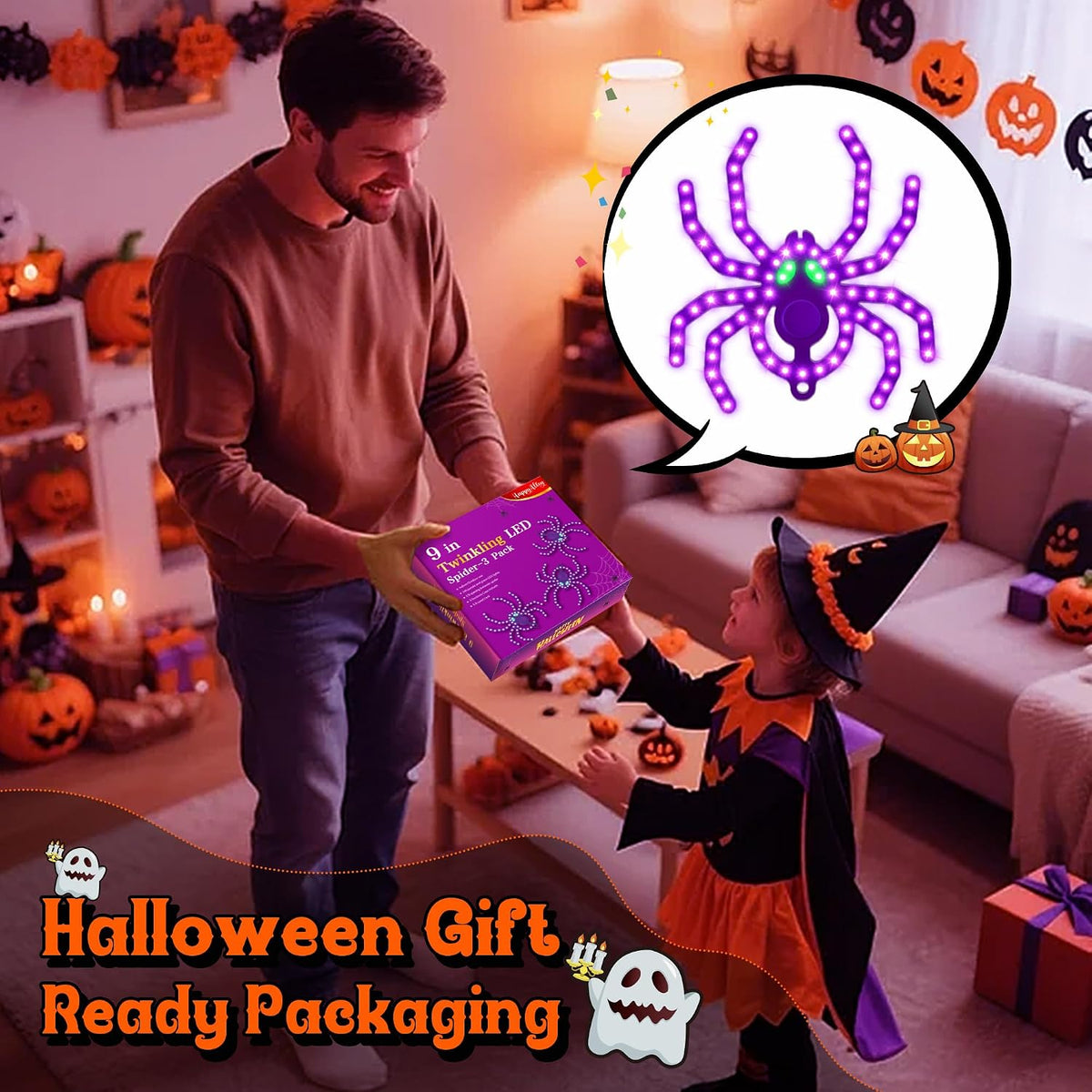 3 Pack 9" Halloween Classics Twinkling LED Spiders, Hi-Vibrant Aluminum Frame Spiders Window Silhouette Lights, 234 Purple and 12 Green LED Lights, Holiday Indoor Outdoor Decoration