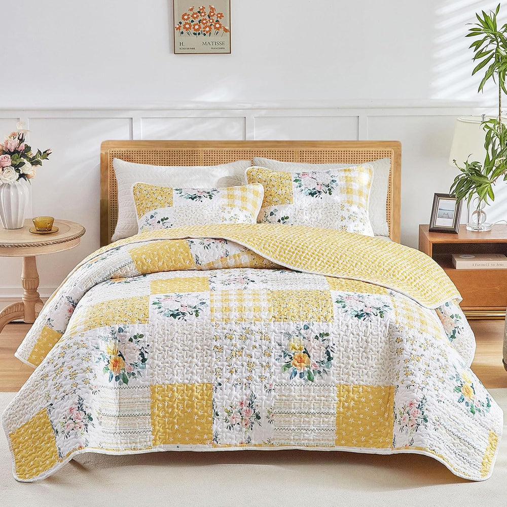 Joyreap 3 Pieces Floral Patchwork Quilt Set King, Yellow n White Flowers Desi...