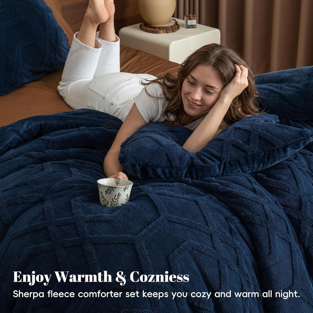 PHF Warm Sherpa Fleece King Comforter Set, 3D Tufted Fluffy Navy Blue Bedding...