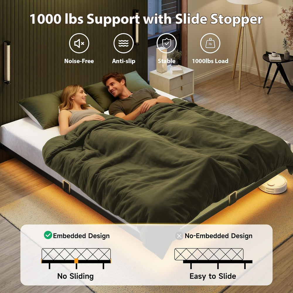 Floating Bed Frame Queen Size, Smart LED Lights & Charging Station, 9.45&...