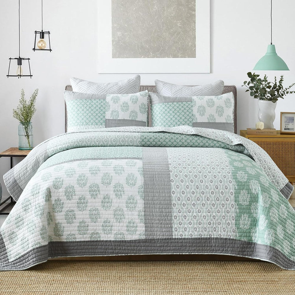Finlonte Quilts Queen Size, 100% Cotton Queen Comforter Set, Green Grey Farmh...