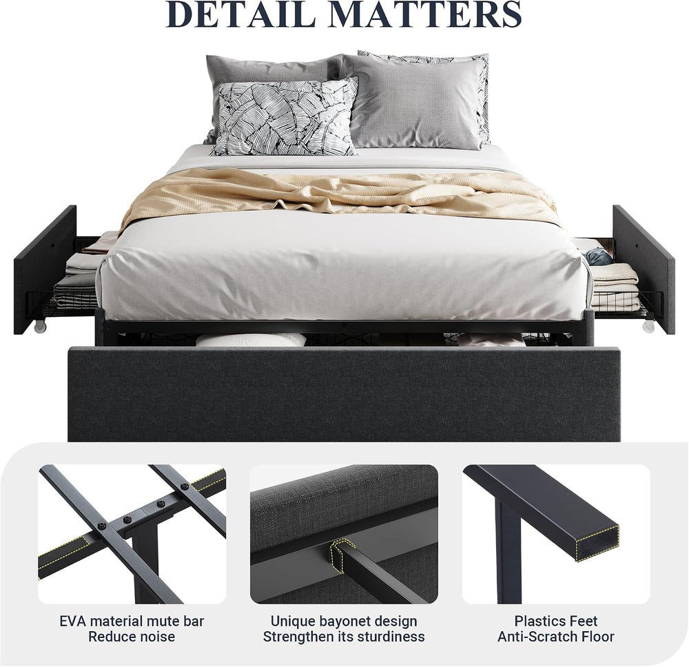 Allewie Full Size Platform Storage Bed Frame with 3 Drawers, Dark Grey
