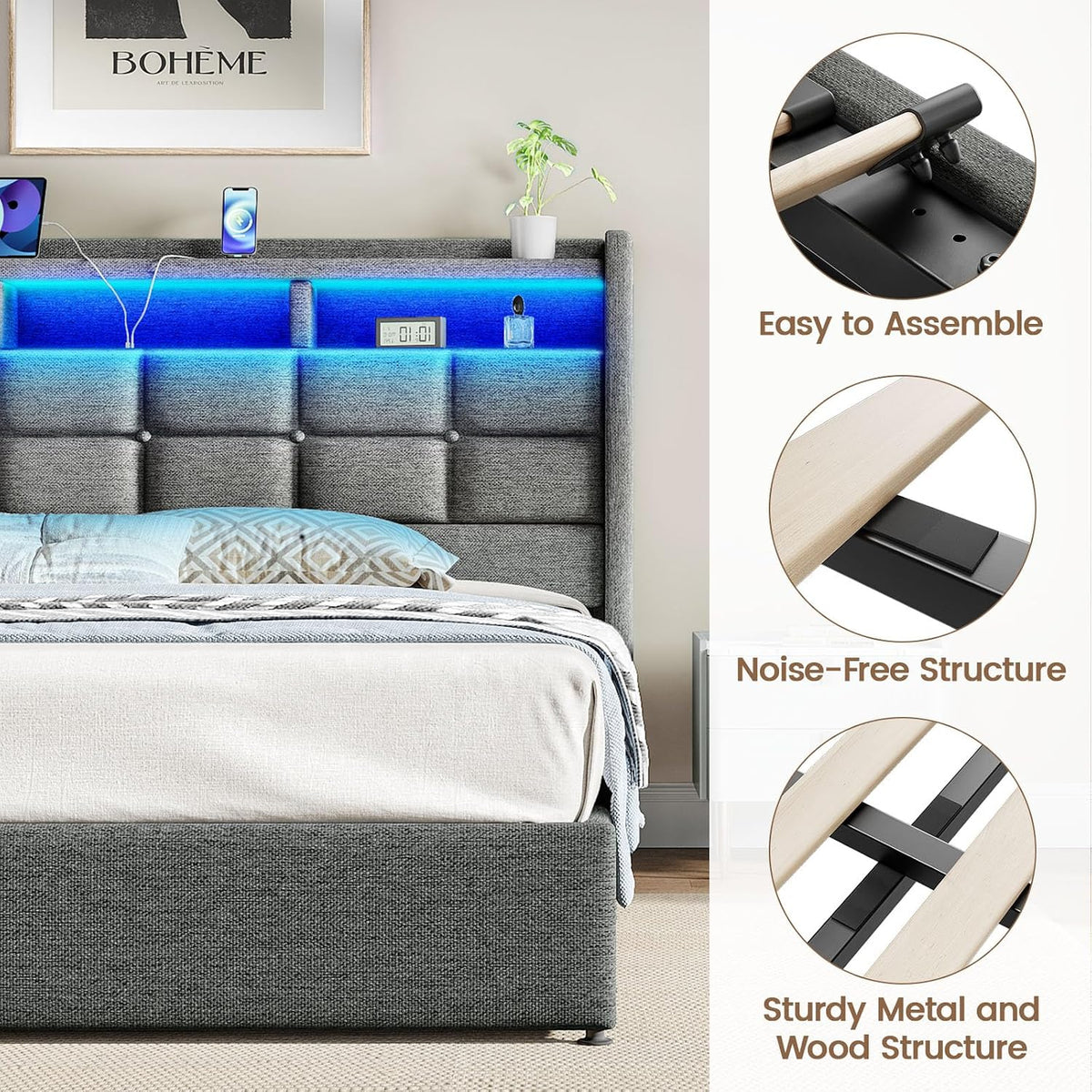 driftalia upholstered king size bed frame with lift, front angle view