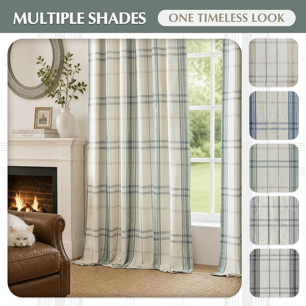 DriftAway 100% Blackout Plaid Linen Chenille Curtains 84 Inches Loden Green