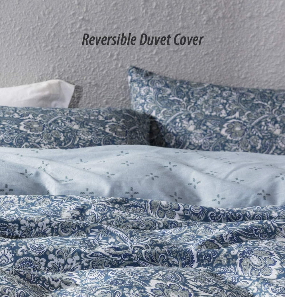 SLEEPBELLA Duvet Cover Queen, 600 Thread Count Cotton Blue & Green Paisle...