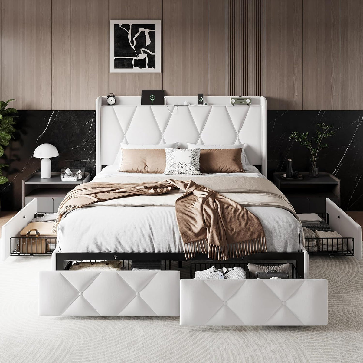 einhomn full size bed frame with 4 storage on a desk or shelf